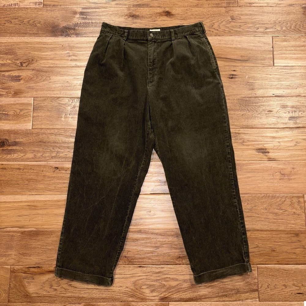 J Crew Oarsman Corduroy Pants Men's 35x29 Olive Green Pleated Cuffs Vintage 90's